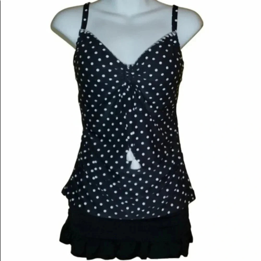 Beach House B/W polkadot tankini with‎ side ruching